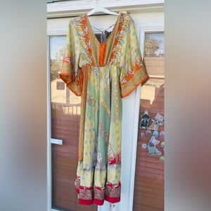 Bohemian Green & Orange Maxi Dress with Paisley Print
